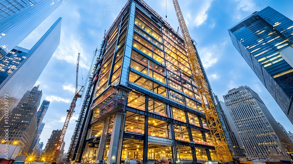 Fototapeta premium Skyscraper Construction at Night, Cityscape - Urban Development