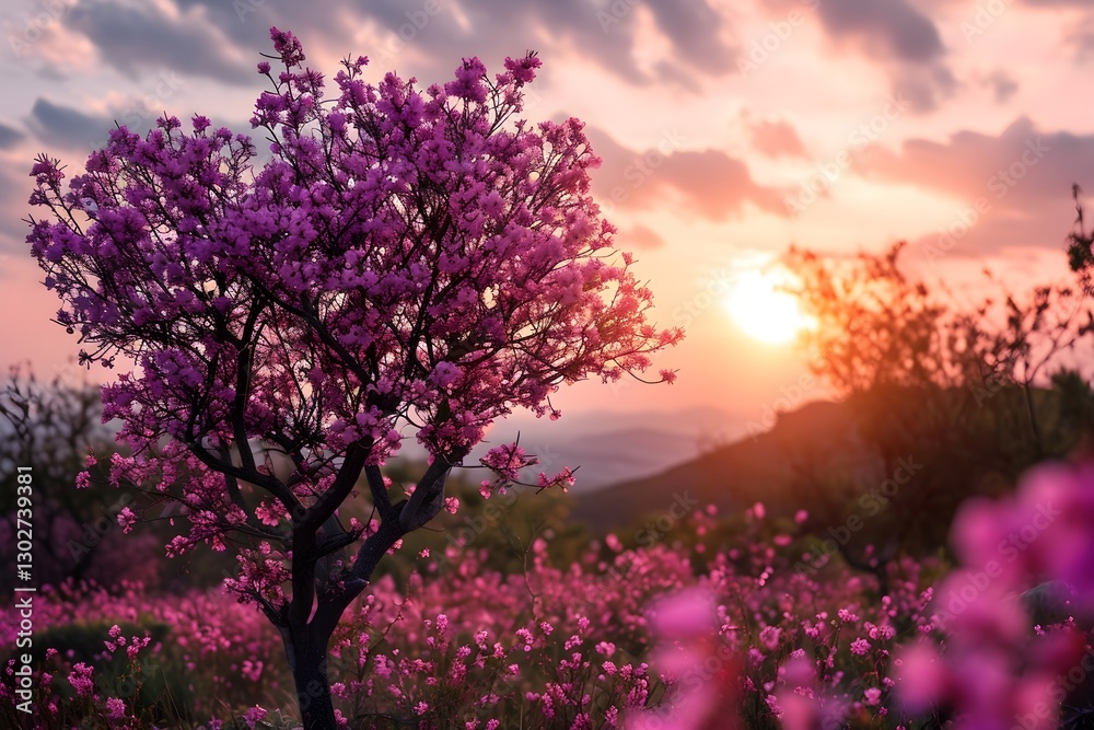Blooming Sunset: A vibrant display of a tree in full bloom with magenta flowers in a field with sunset. This image captures the vibrant colors of nature. Blooming Sunset: A vibrant display of a tree in full bloom with magenta flowers in a field with sunset. This image captures the vibrant colors of nature.