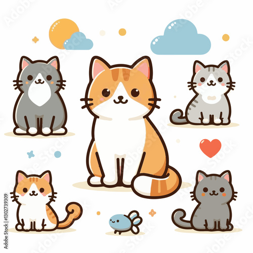 animal, cat, pet, cute, feline, kitty, domestic, isolated, happy, background, looking, design, portrait, adorable, tabby, illustration, funny, vector, fur, black, mammal, white, sweet, fluffy, white b