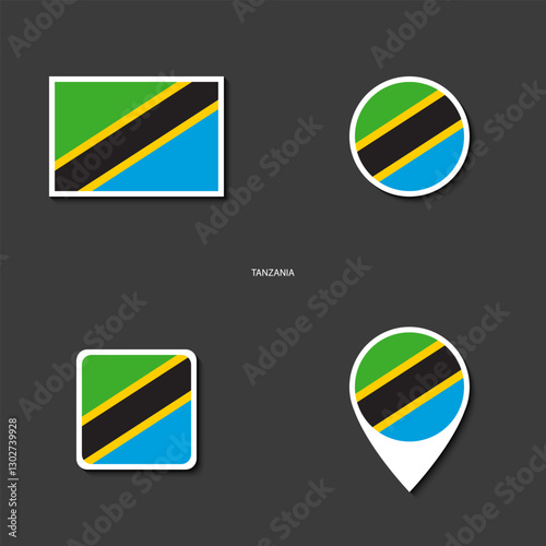 Tanzania flag icon set in different shape (rectangle, circle, square and marker icon) on dark grey background. Tanzania sticker icon collection on barely dark background	