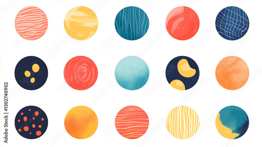 Fototapeta premium A vibrant arrangement of circular patterns featuring various colors and textures, creating a playful and artistic visual effect.