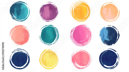 A vibrant display of colorful paint circles arranged in a grid, showcasing various hues and artistic brushstroke designs.