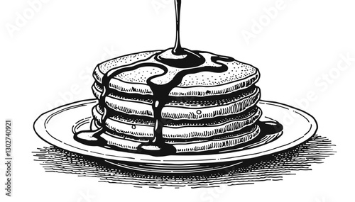 Stack of pancakes with syrup in black and white.