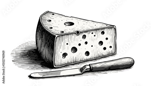 Cheese wedge with knife in vintage sketch style.