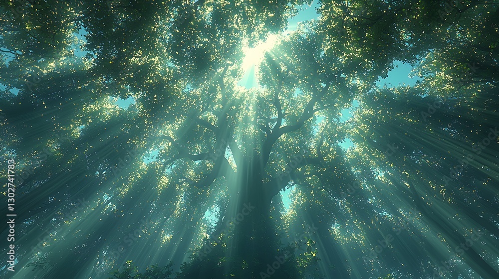 Fototapeta premium Sunbeams through forest canopy, majestic tree, tranquil scene, nature background, ideal for environmental themes