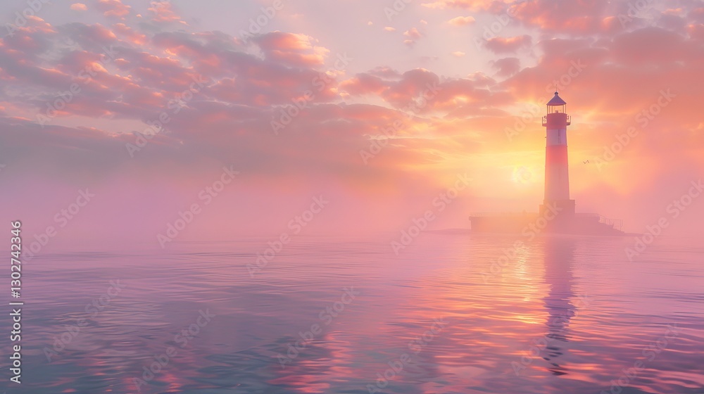 A tranquil seascape showcases a distant lighthouse bathed in the soft light of dawn, its beam piercing through the early morning mist. The lighthouse stands as a silent sentinel, guiding ships safely A tranquil seascape showcases a distant lighthouse bathed in the soft light of dawn, its beam piercing through the early morning mist. The lighthouse stands as a silent sentinel, guiding ships safely