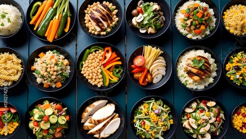 Assorted Healthy Meals with Vegetables, Grains, and Protein in Elegant Black Bowls, Lunches to go. Food grab and go. Ready-to-eat lunches in containers for office workers.