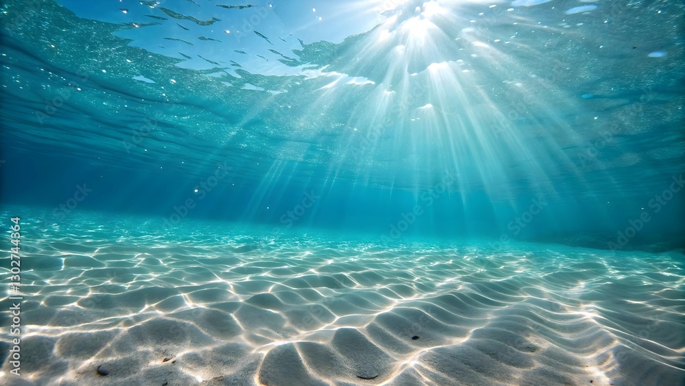 Fototapeta premium Underwater View with Sun Rays and Sandy Ocean Floor