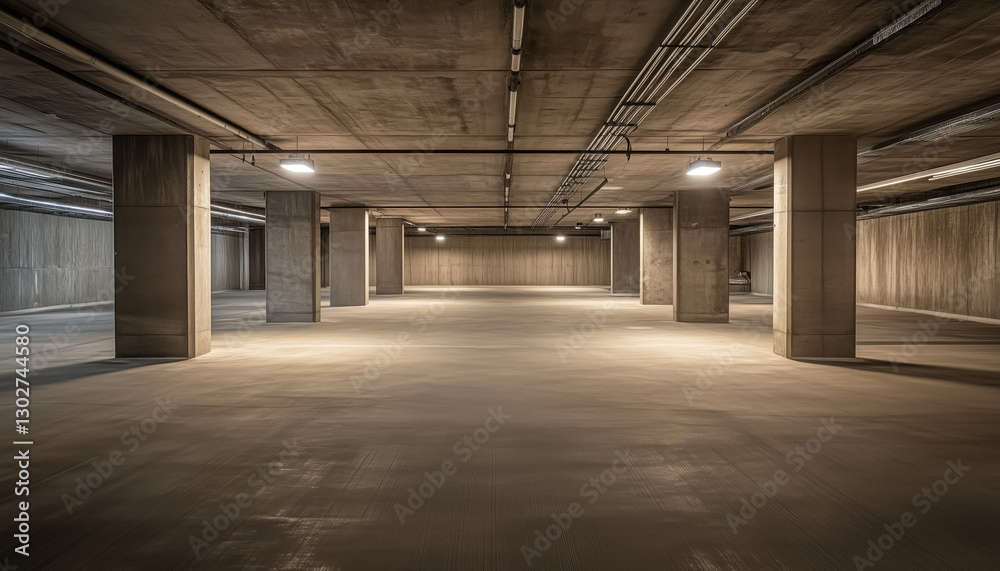 The basement room on the bottom floor of the building's parking lot is empty in an industrial cast concrete style. Abstract modern minimal background The basement room on the bottom floor of the building's parking lot is empty in an industrial cast concrete style. Abstract modern minimal background