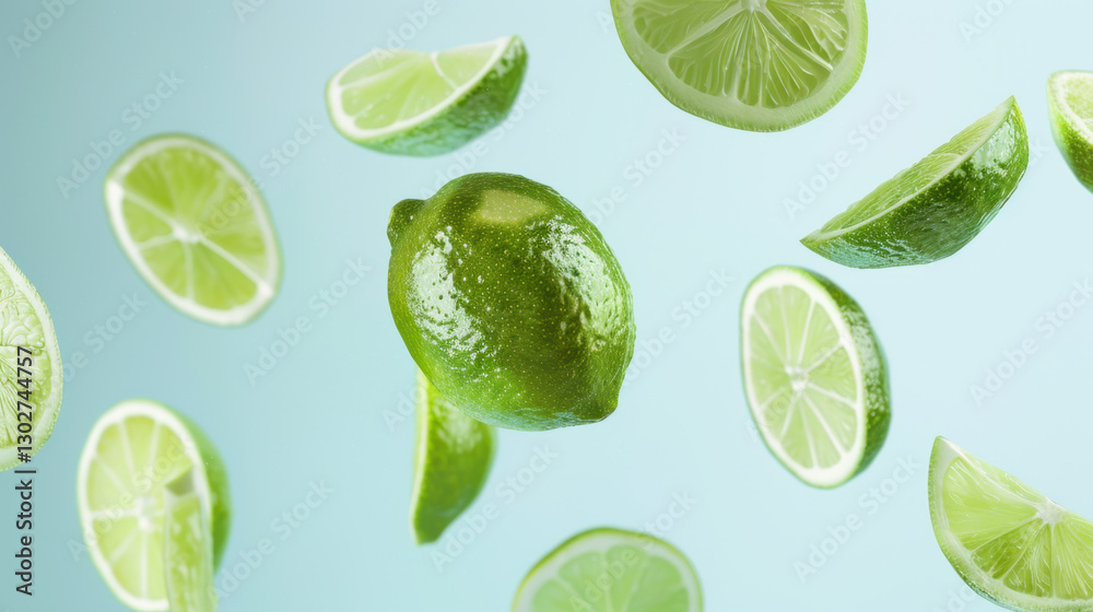 fresh lime slices falling on blue background fresh lime slices falling on blue background