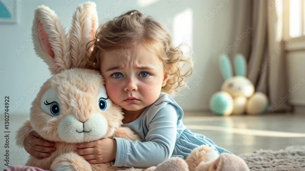 sad offended little girl with soft toy hare in room
sad offended little girl with soft toy hare in room