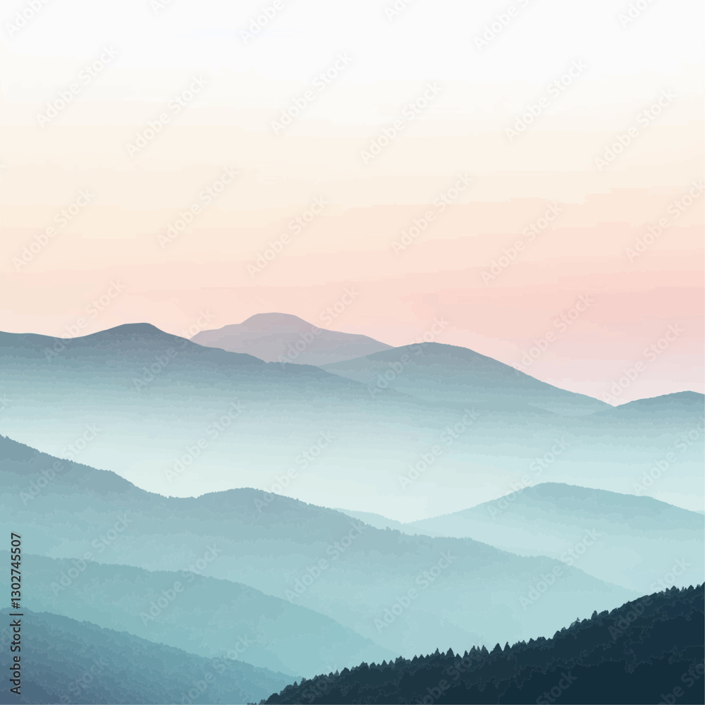 Minimalist mountain illustration with soft fog effects and pastel gradients. The layered silhouettes and tranquil composition create a peaceful, meditative atmosphere Minimalist mountain illustration with soft fog effects and pastel gradients. The layered silhouettes and tranquil composition create a peaceful, meditative atmosphere