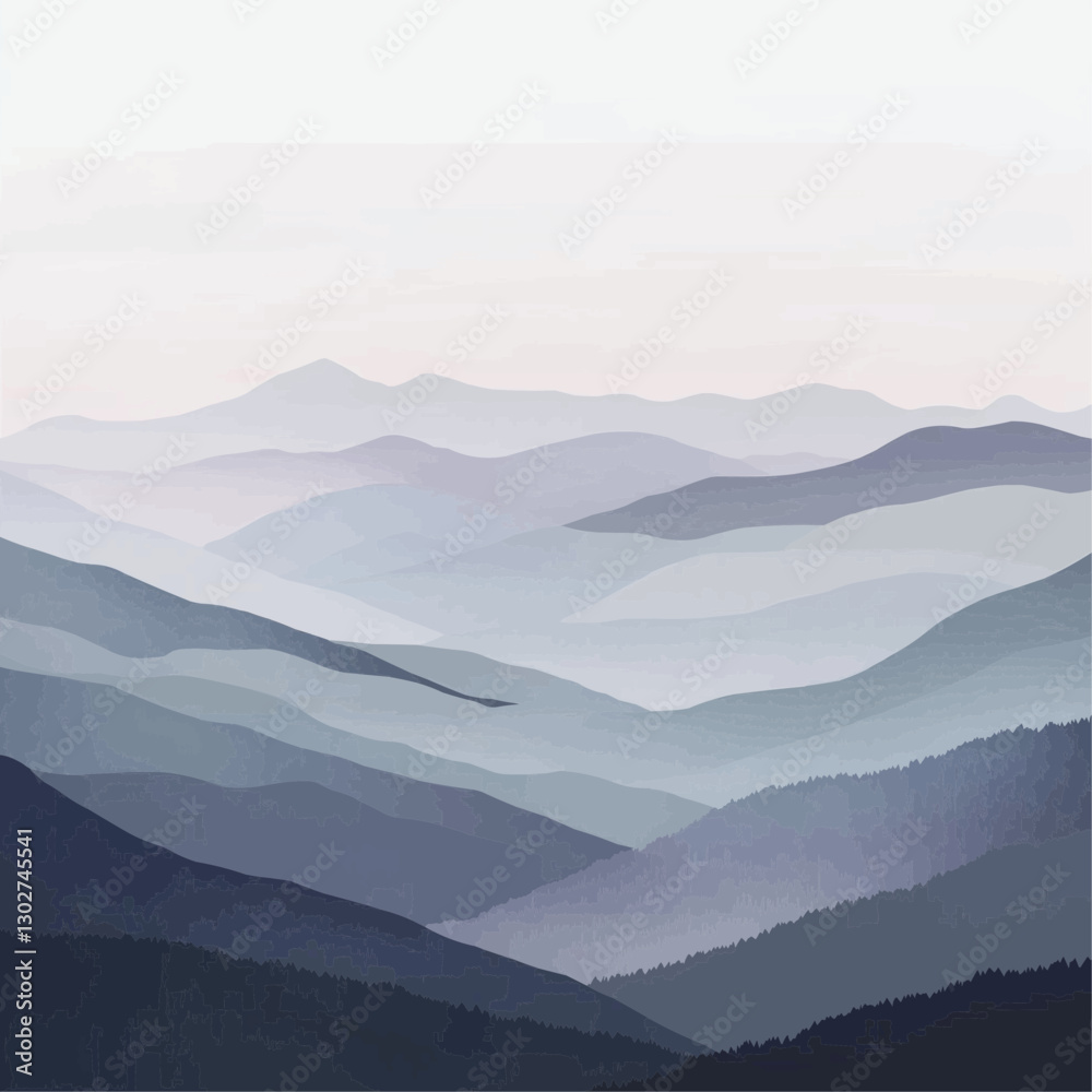 Naklejka premium Minimalist mountain illustration with soft fog effects and pastel gradients. The layered silhouettes and tranquil composition create a peaceful, meditative atmosphere