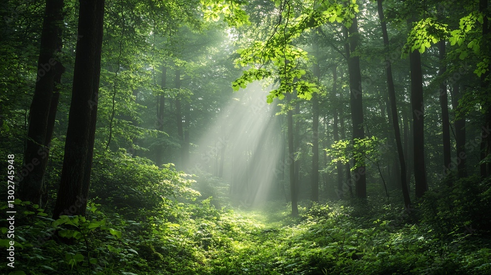 Fototapeta premium Sunlight breaking through trees in a lush forest nature photography serene atmosphere