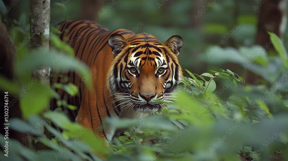 Fototapeta premium wildlife photo of tiger in rainforest, panoramic landscape, Generative AI