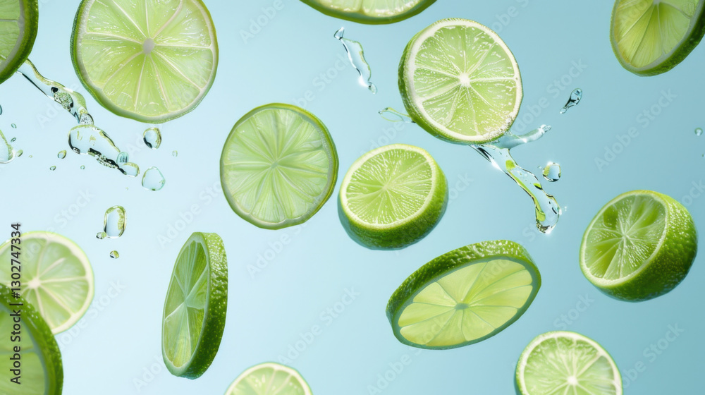 fresh lime slices falling on blue background fresh lime slices falling on blue background