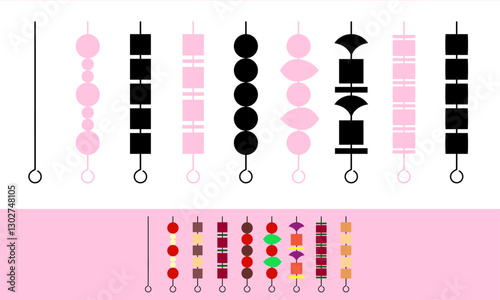 Graphic set of barbecue skewers icons in black and white and color.