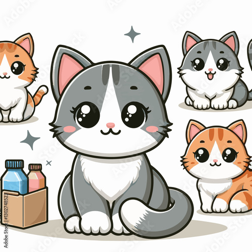 animal, cat, pet, cute, feline, kitty, domestic, isolated, happy, background, looking, design, portrait, adorable, tabby, illustration, funny, vector, fur, black, mammal, white, sweet, fluffy, white b