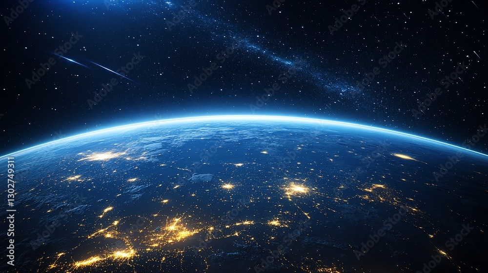 Fototapeta premium Earth at night with city lights and a meteor.