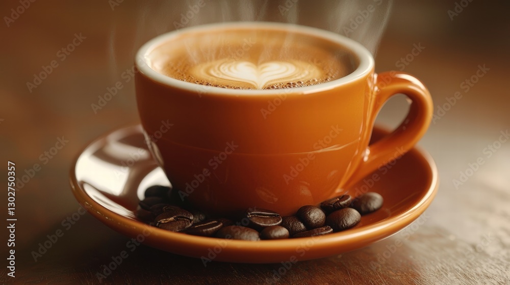 Cup of coffee with steam rising from the surface placed on a wooden table in a cozy caf? setting