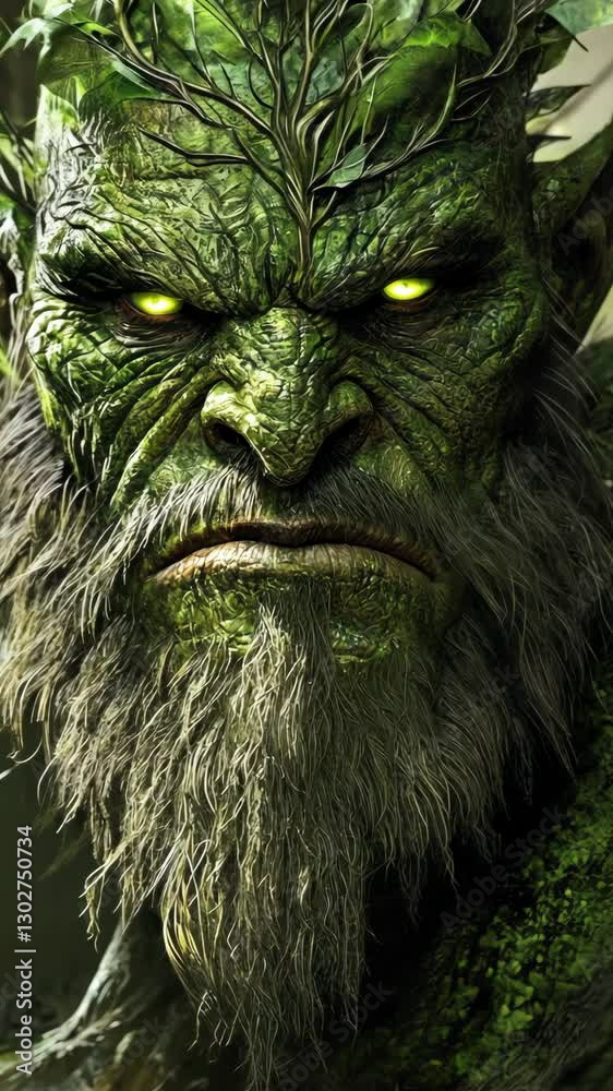 Ancient forest guardian with fierce expression and glowing eyes amidst lush greenery