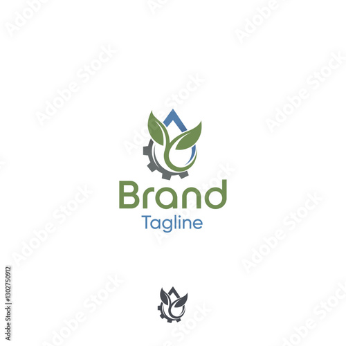 Green technology drop gear leaf ecology vector logo