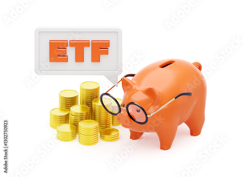 Smart ETF Savings: The abbreviation of an Exchange-Traded Fund enclosed in a speech frame above of coin stacks are placed near a piggy bank against a white background. A 3D-rendered illustration.
