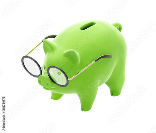 Smart Savings with a Piggy Bank. A green piggy bank with spectacles, isolated against a transparent background. A 3D-rendered graphics in isometric projection themed around Financial Accountancy.