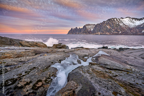 dramatic winter landscape at the devils jaw viewpoint on Senja island in northern norway