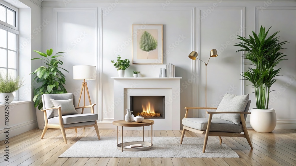 Fototapeta premium Scandinavian Minimalist Living Room with Fireplace Mantle & Blank Frame Mockup