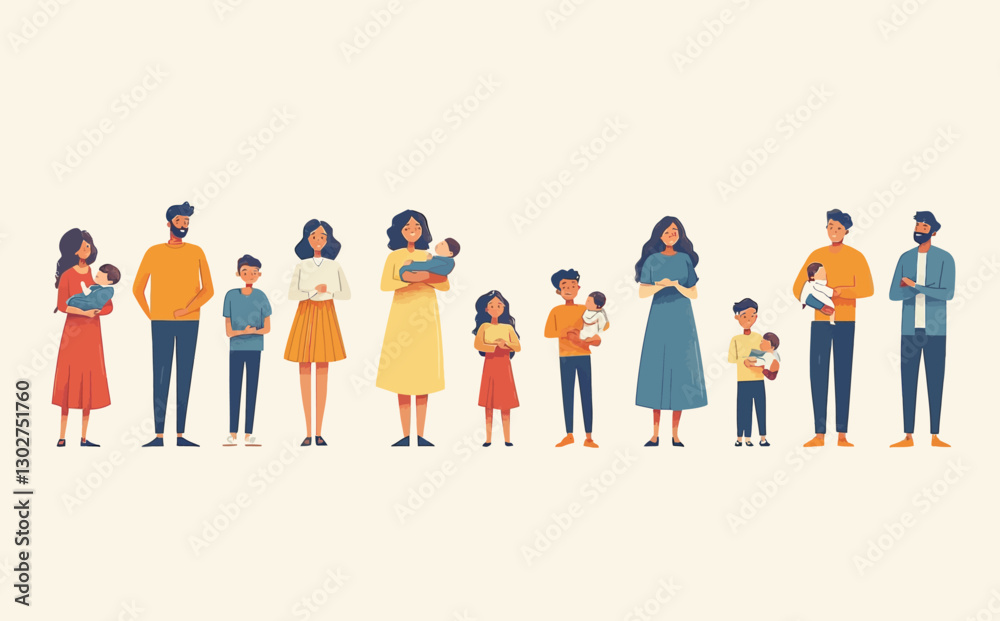 Parenthood and Adoption Concept: Flat Style Vector Cartoon Illustration of Diverse Straight and Gay Couples Holding Babies Parenthood and Adoption Concept: Flat Style Vector Cartoon Illustration of Diverse Straight and Gay Couples Holding Babies