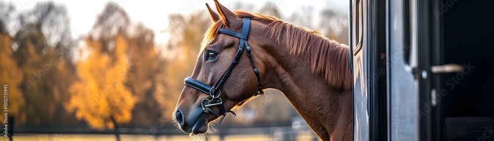 Obraz premium A majestic horse gazes out from its stable, framed by the warm hues of autumn foliage. Its calm demeanor and elegant features embody the spirit of rural serenity and companionship.