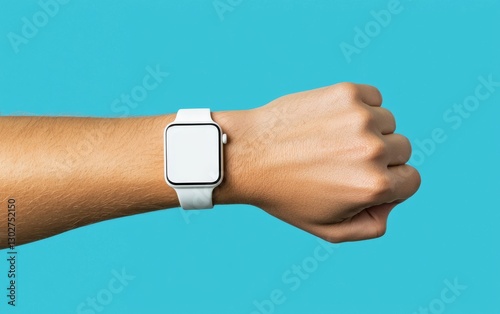 Close-up of Modern Smartwatch on Wrist Against Vibrant Blue Background
