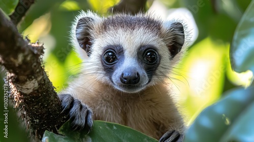 Small animal perched on a branch in a tree surrounded by green foliage
