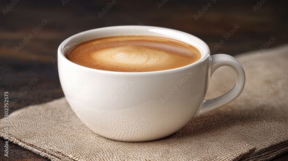 Cup of coffee placed on a folded napkin on a wooden table in a cozy cafe setting Cup of coffee placed on a folded napkin on a wooden table in a cozy cafe setting