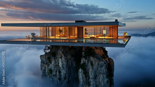 Floating Modern House on Cloud Mountaintop at Sunset photo