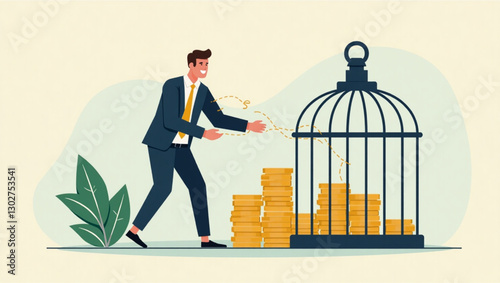 Businessman Unlocking Financial Freedom by Releasing Coins from Cage, Symbolizing Smart Money Management and Investment Strategies