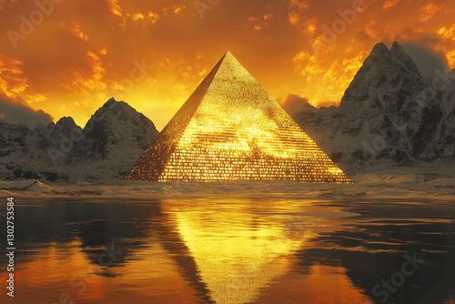 pyramid-shaped structure made entirely of gold bars, glowing brilliantly in the sunlight.