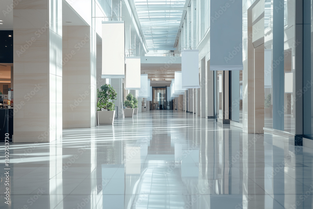 Obraz premium Empty banners hanging in a modern hallway with bright lighting and polished floors