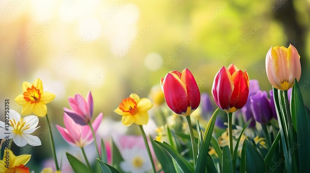 Vibrant tulips and daffodils in the foreground with a dreamy spring garden backdrop, perfect for Easter or spring-themed designs, with copy space.