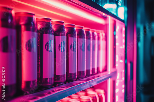 Vending machine filled with colorful canned drinks in a neon-lit environment at night