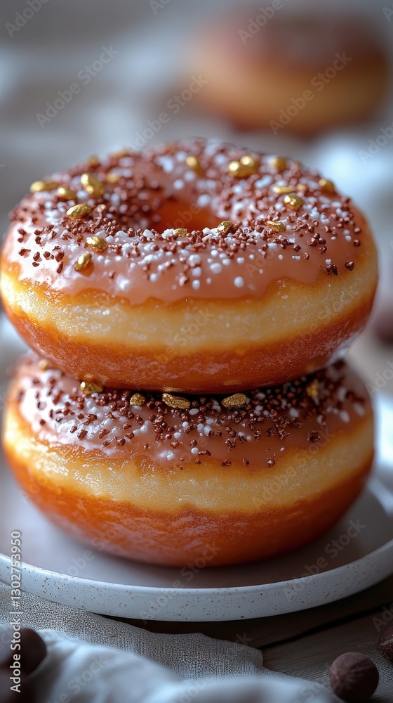 Two stacked glazed donuts with gold and chocolate sprinkles on plate Two stacked glazed donuts with gold and chocolate sprinkles on plate