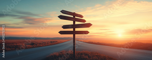 Empty directional signs stand at a crossroads during a vibrant sunset illuminating the landscape