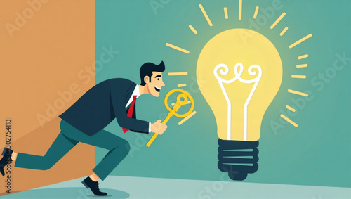 Businessman with Golden Key and Trophy Unlocking Lightbulb-Shaped Door to New Ideas and Creativity
