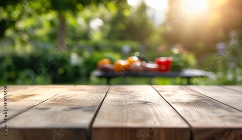 Empty wooden table outdoors, garden setting, product display photo