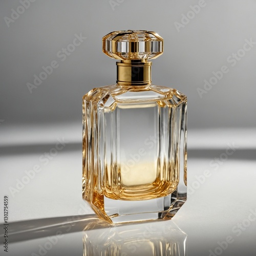 A crystal-clear glass perfume bottle with golden accents, reflecting soft light on a pristine white surface.