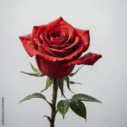 A single vibrant red rose with delicate dewdrops on its petals, set against a pure white background.