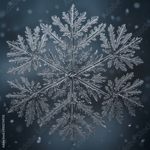 A perfectly symmetrical snowflake, magnified to reveal its intricate crystalline details.