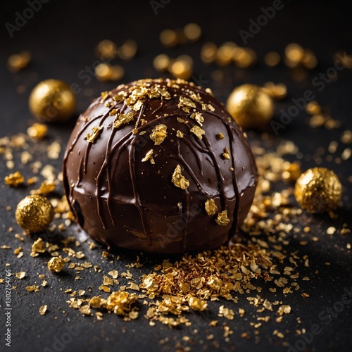 A gourmet chocolate truffle with a glossy finish, sprinkled with edible gold flakes.