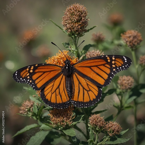 A close-up of a monarch butterfly with vivid orange and black wings, perched gently on an invisible surface.